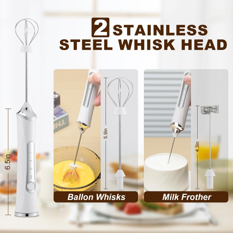 Freebala Handheld Electric Milk Frother With 2 Heads  Coffee Whisk Foam Mixer With Usb Rechargeable 3 Speeds  Foam Maker Blender For Latte  Cappuccino  Hot Chocolate  Egg (White) - Image 2