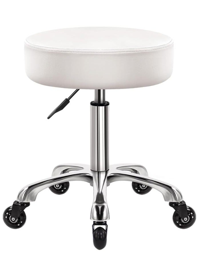 Generic WKWKER Heavy Duty Rolling Stool with Wheels Hydraulic Swivel Adjustable Rolling Stool Ergonomic Thick Leather Seat Stool Chair for Kitchen Drafting Lab Office Salon Message Stool – White - Image 1