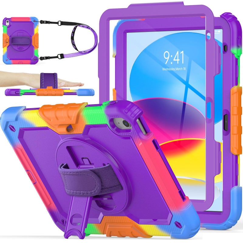 SEYMAC stock Case for iPad A16 11th10th Generation 11109 20252022 FullBody Drop Protection Case with Screen Protector 360 Rotate Hand StrapStand PurpleColorful