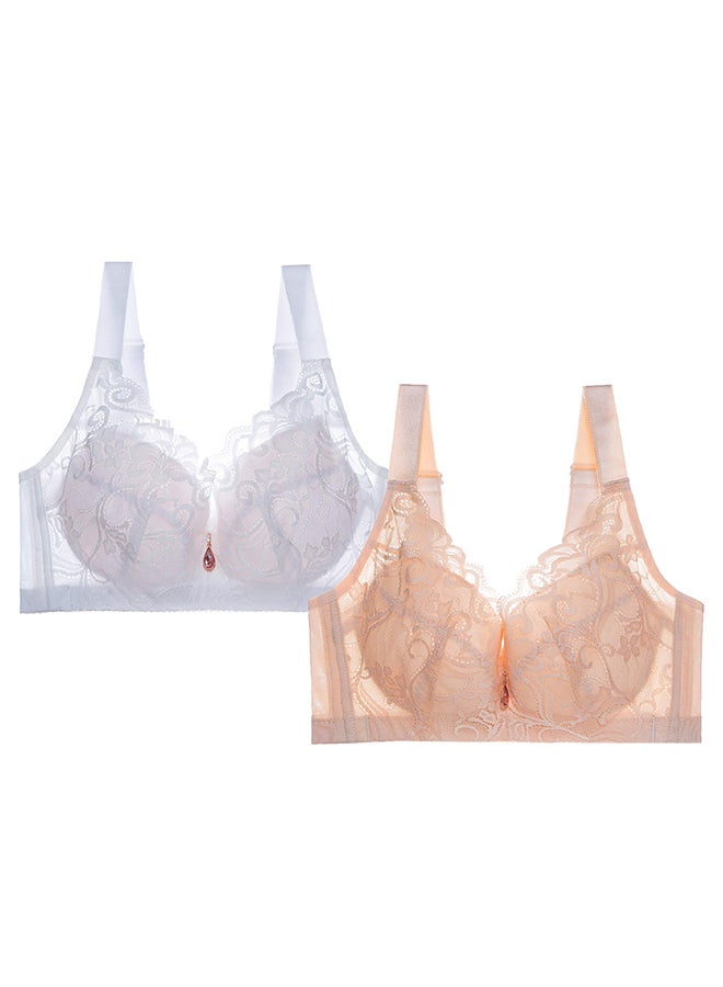 MARGOUN 2 Pack For Women's Large Size Lace Bra Wide Straps Wireless Bralettes with Full Cup Pads Bras for Ladys Women 40/90 Beige White - Image 2