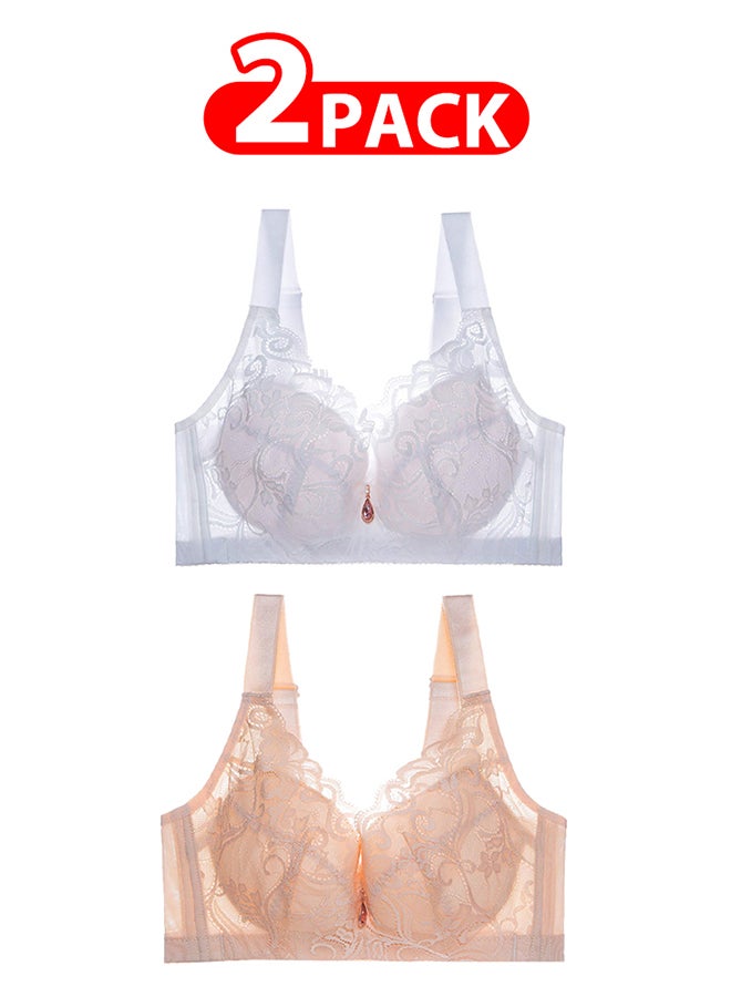 MARGOUN 2 Pack For Women's Large Size Lace Bra Wide Straps Wireless Bralettes with Full Cup Pads Bras for Ladys Women 40/90 Beige White - Image 1