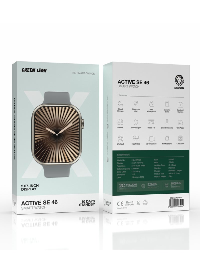 GREEN LION Active SE 46 Smart Watch / 2.07 Display / Calculator / Heart Rate / 3D Transition / Games / Bluetooth Camera and Call / Workout / Notification - Silver & Grey Strap - Image 2