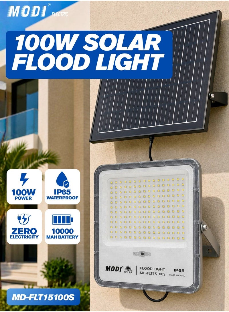 مودي كشاف شمسي بقوة 100 واط، للاستخدام الخارجي مع لوحة شمسية منفصلة، ​​إضاءة أمان LED SMD بيضاء باردة 6500 كلفن، تحكم عن بعد ومؤقت، هيكل من الألومنيوم، وقت تشغيل طويل، مصباح حديقة/فناء/شارع مقاوم للماء - Image 2