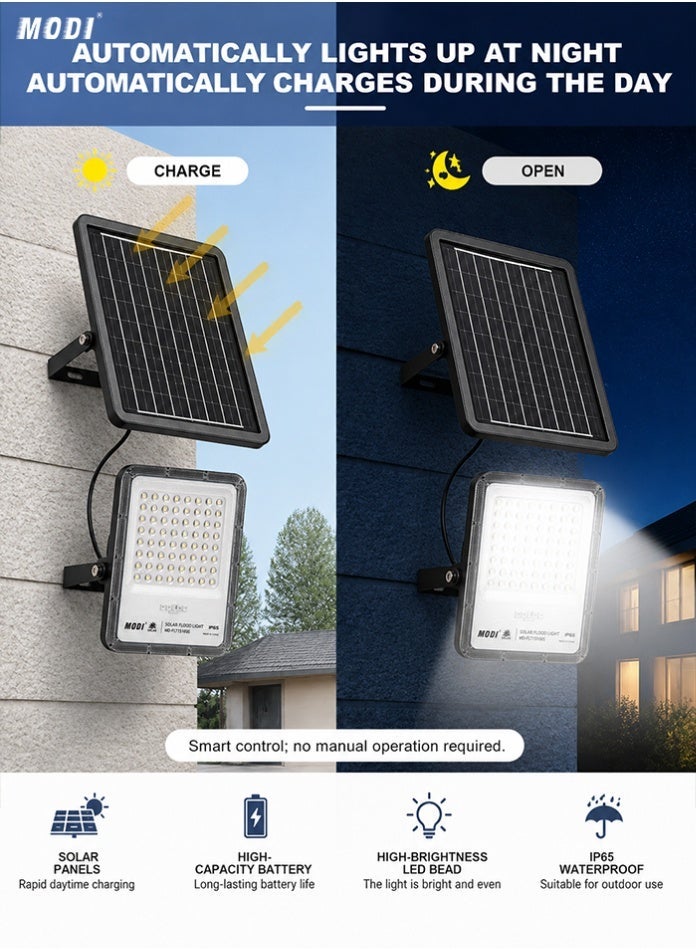 مودي كشاف شمسي بقوة 100 واط، للاستخدام الخارجي مع لوحة شمسية منفصلة، ​​إضاءة أمان LED SMD بيضاء باردة 6500 كلفن، تحكم عن بعد ومؤقت، هيكل من الألومنيوم، وقت تشغيل طويل، مصباح حديقة/فناء/شارع مقاوم للماء - Image 5