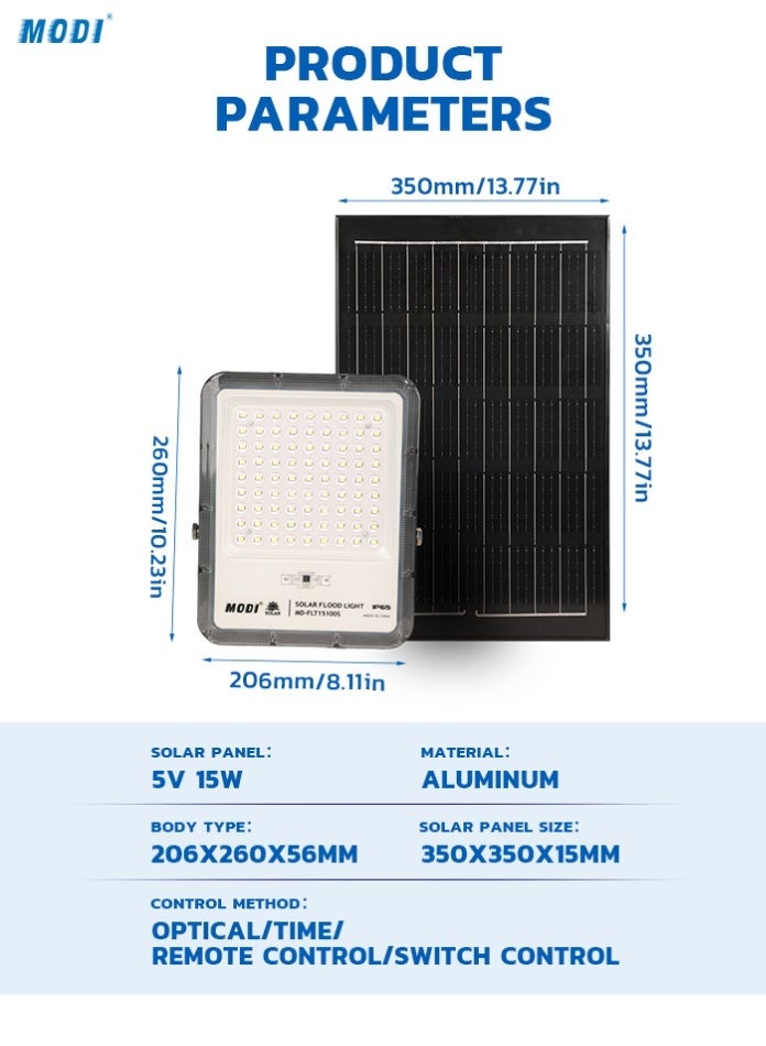 مودي كشاف شمسي بقوة 100 واط، للاستخدام الخارجي مع لوحة شمسية منفصلة، ​​إضاءة أمان LED SMD بيضاء باردة 6500 كلفن، تحكم عن بعد ومؤقت، هيكل من الألومنيوم، وقت تشغيل طويل، مصباح حديقة/فناء/شارع مقاوم للماء - Image 4