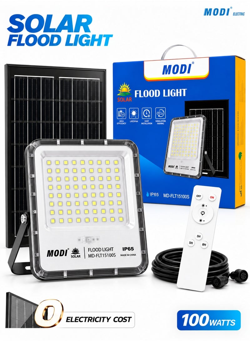 مودي كشاف شمسي بقوة 100 واط، للاستخدام الخارجي مع لوحة شمسية منفصلة، ​​إضاءة أمان LED SMD بيضاء باردة 6500 كلفن، تحكم عن بعد ومؤقت، هيكل من الألومنيوم، وقت تشغيل طويل، مصباح حديقة/فناء/شارع مقاوم للماء - Image 1