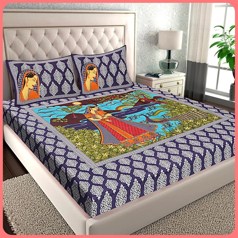 100 Cotton Double Bedsheet for Double Bed King Size Traditional Jaipuri Bedsheet with 2 Pillow Covers Multi95 - Image 1