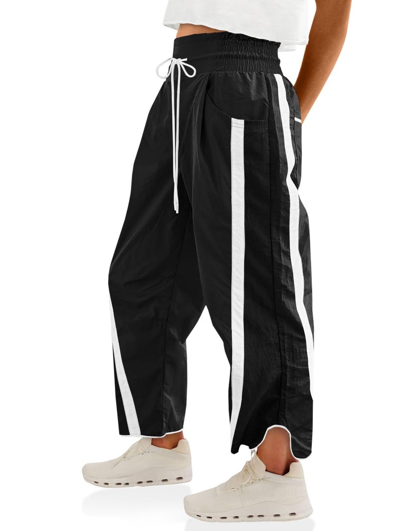 Fisoew Women's Baggy Wide Leg Pants Casual Drawstring Elastic Waisted Contrast Color Workout Y2K Track Pants Black - Image 1