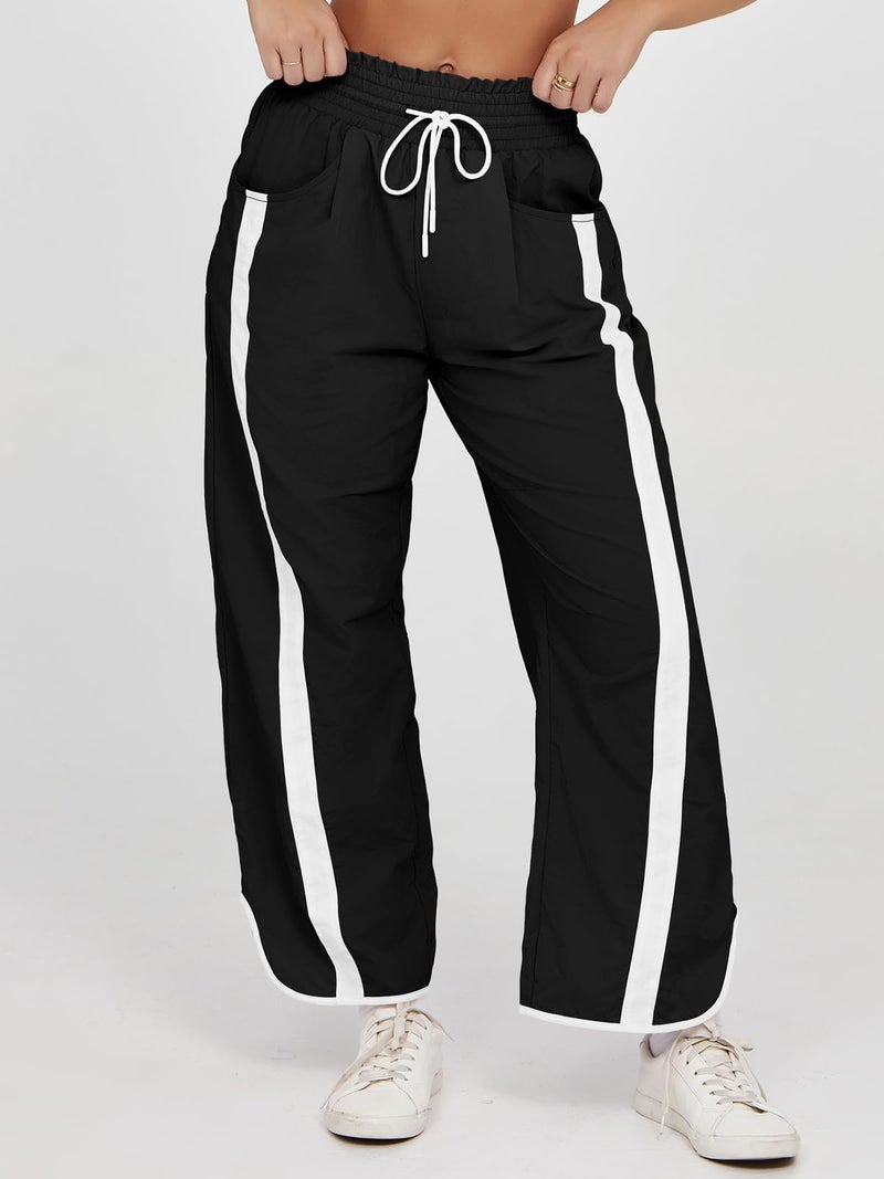 Fisoew Women's Baggy Wide Leg Pants Casual Drawstring Elastic Waisted Contrast Color Workout Y2K Track Pants Black - Image 2