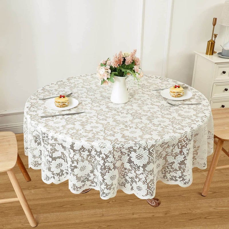 WUBODTI WUBODTI Cream Round Lace Tablecloth 60 Inches Ivory Vintage Embroidered Floral Crochet Table Cover Beige Sunflowers Circle Overlay for Kitchen Coffee Wedding Dining Table 