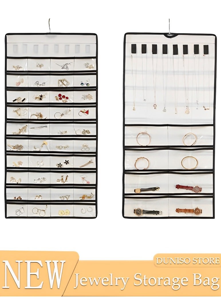 Hanging Jewelry Organizer Storage Roll with Hanger Metal Hooks, Double-Sided Jewelry Holder for Earrings, Necklaces, Rings Large Capacity Holder Box for Closet, Wall, Door - Image 1