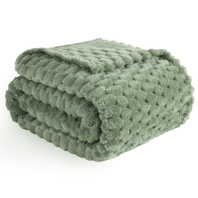 Vessia Flannel Fleece Throw Blanket 3D Jacquard Sage Green Fuzzy and Warm Blanket for Couch Sofa Bed 300GSM Super Soft Touch Cozy Home Decor for All Seasons 50x70 inches
