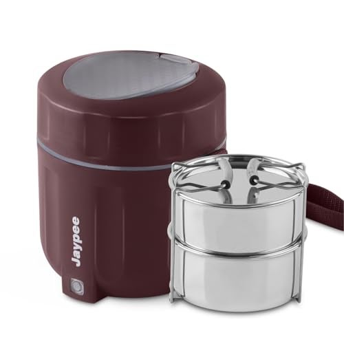 JAYPEE Power Pack Auto Cut Off Electric Lunch Box with 2 Stainless Steel containers 275X2 ml Lunch Box for Office, Travel Easy to Carry Handle Convenience case for Power Cord Food Grade,Maroon - Image 1