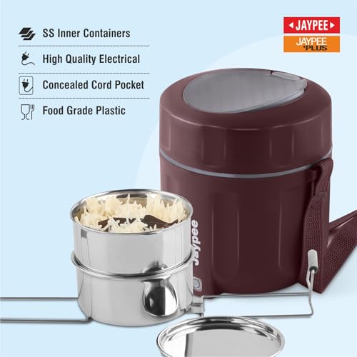 JAYPEE Power Pack Auto Cut Off Electric Lunch Box with 2 Stainless Steel containers 275X2 ml Lunch Box for Office, Travel Easy to Carry Handle Convenience case for Power Cord Food Grade,Maroon - Image 5