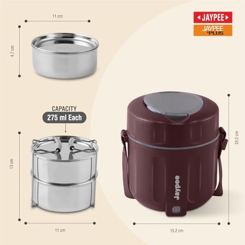 JAYPEE Power Pack Auto Cut Off Electric Lunch Box with 2 Stainless Steel containers 275X2 ml Lunch Box for Office, Travel Easy to Carry Handle Convenience case for Power Cord Food Grade,Maroon - Image 2