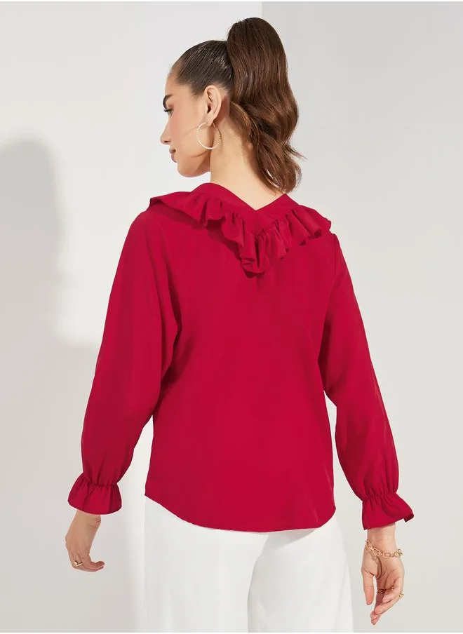 ستايلي Solid Ruffle Trim Long Sleeves Shirt