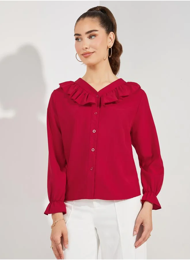 ستايلي Solid Ruffle Trim Long Sleeves Shirt