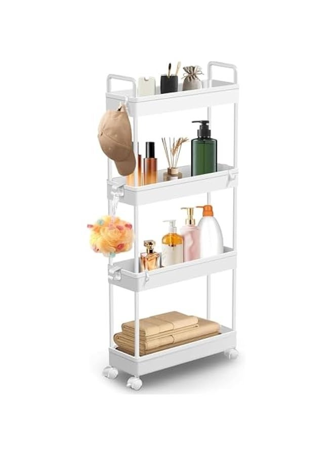Beauenty Slim Storage Cart 4 Tier Mobile Shelving Unit Organizer, Utility Rolling Shelf Cart with Wheels for Bathroom Kitchen Bedroom Office Laundry Narrow Places (White) - Image 1