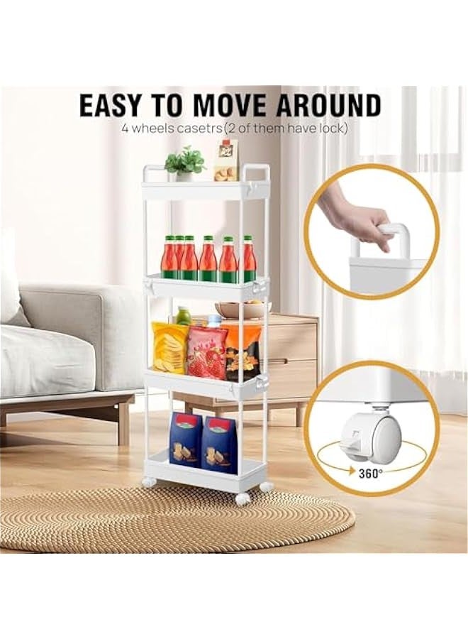 Beauenty Slim Storage Cart 4 Tier Mobile Shelving Unit Organizer, Utility Rolling Shelf Cart with Wheels for Bathroom Kitchen Bedroom Office Laundry Narrow Places (White) - Image 3