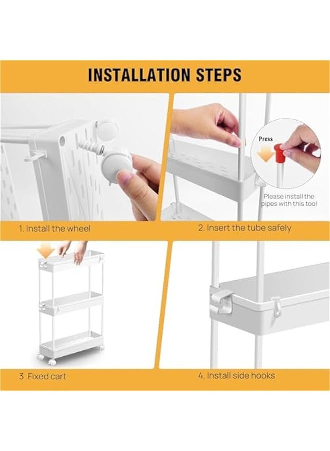 Beauenty Slim Storage Cart 4 Tier Mobile Shelving Unit Organizer, Utility Rolling Shelf Cart with Wheels for Bathroom Kitchen Bedroom Office Laundry Narrow Places (White) - Image 5