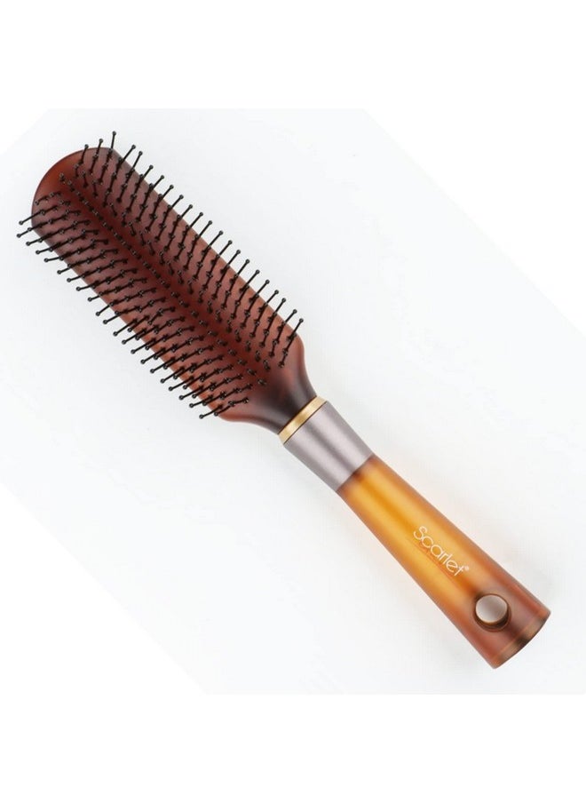 Scarlet Line - Professional 9 Row Medium Flat Hair Brush For Styling With Anti Slip Handle N Ball Tip Nylon Bristles For Women N Men_Brown Color - Image 1