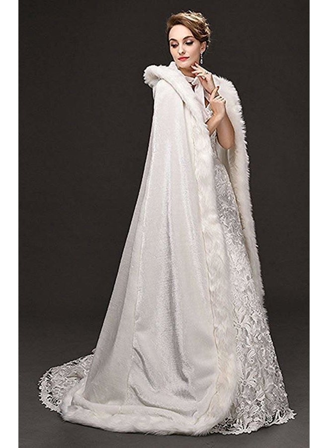 Homebed White Women's Wedding Cloak Coat with Hoods Winter Long Jacket Bridal Wraps Warm Faux Fur Cape, White, L - Image 2