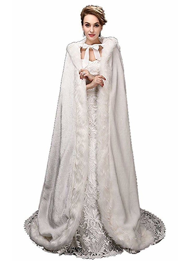 Homebed White Women's Wedding Cloak Coat with Hoods Winter Long Jacket Bridal Wraps Warm Faux Fur Cape, White, L - Image 1