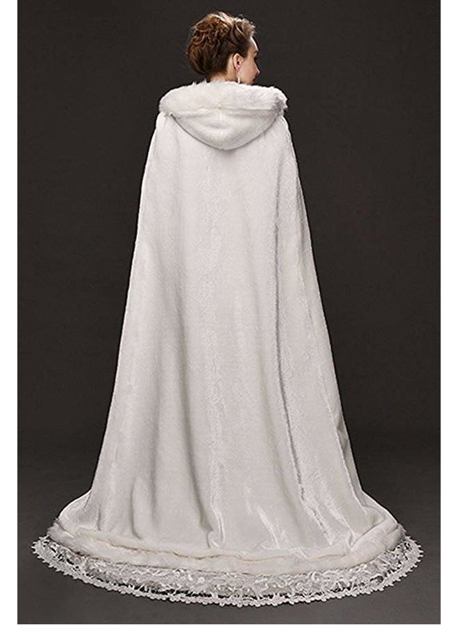 Homebed White Women's Wedding Cloak Coat with Hoods Winter Long Jacket Bridal Wraps Warm Faux Fur Cape, White, L - Image 3