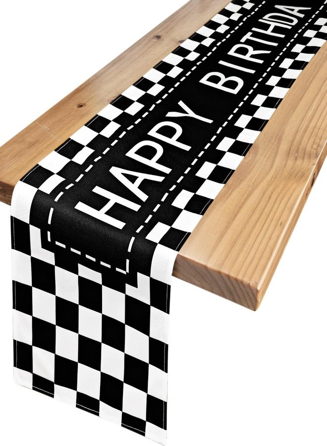 Letjolt Happy Birthday Table Runner Black and White Checkerboard Birthday Party Decorations Racing Theme Party Sign, 72 Inches - Image 1