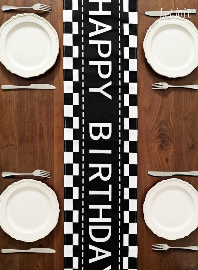 Letjolt Happy Birthday Table Runner Black and White Checkerboard Birthday Party Decorations Racing Theme Party Sign, 72 Inches - Image 5