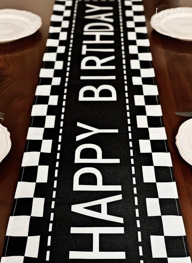 Letjolt Happy Birthday Table Runner Black and White Checkerboard Birthday Party Decorations Racing Theme Party Sign, 72 Inches - Image 2