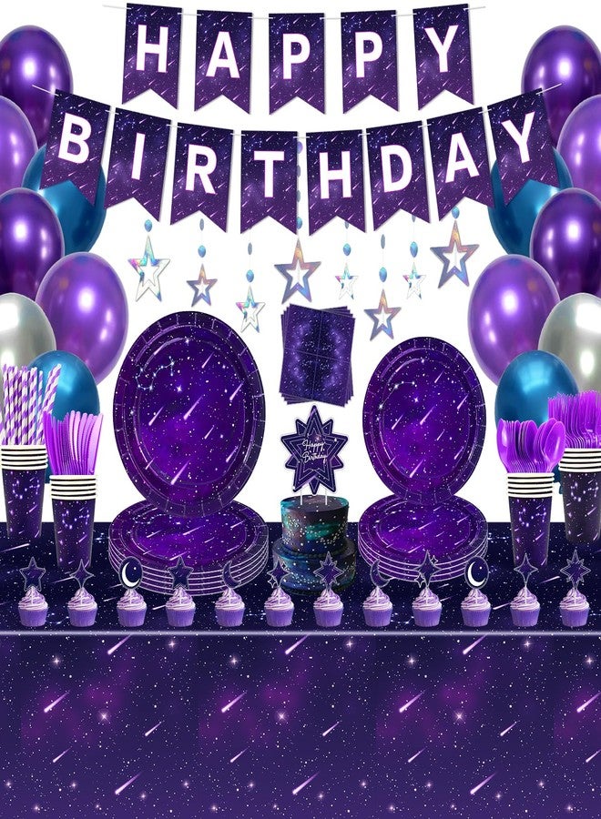 Inspireyee 233 Pcs Space Galaxy Party Decoration Star Party Supplies Ramadan Party Supplies Purple Galaxy party Tableware Set Plates Napkins Tablecloth Birthday Banner Favors Ramadan Decoration for 20 Guests - Image 1