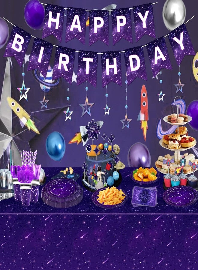 Inspireyee 233 Pcs Space Galaxy Party Decoration Star Party Supplies Ramadan Party Supplies Purple Galaxy party Tableware Set Plates Napkins Tablecloth Birthday Banner Favors Ramadan Decoration for 20 Guests - Image 4