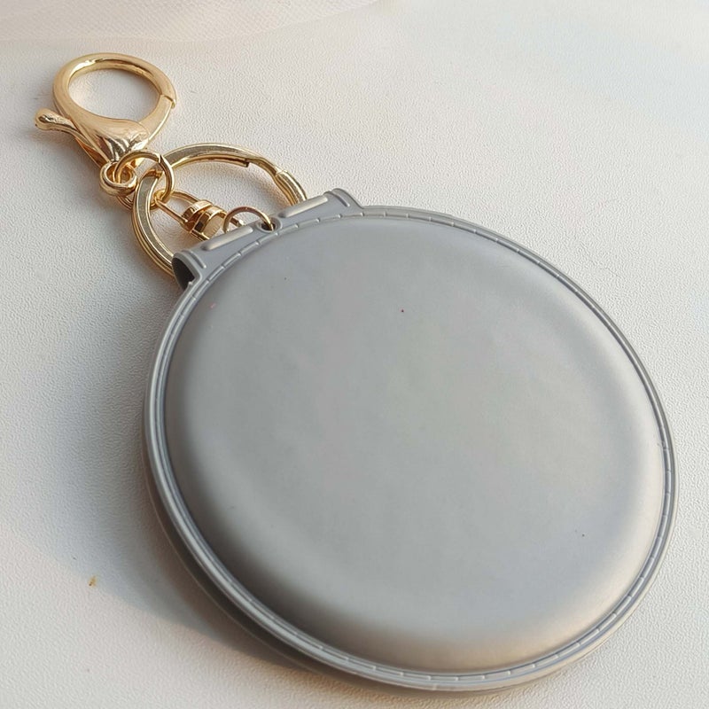Generic Korean Style Candy Color Makeup Mirror Leather Small Round Mirror Portable Folding Makeup Mirror Keychain Double-sided Mirror Hair Ball Pendant Grey