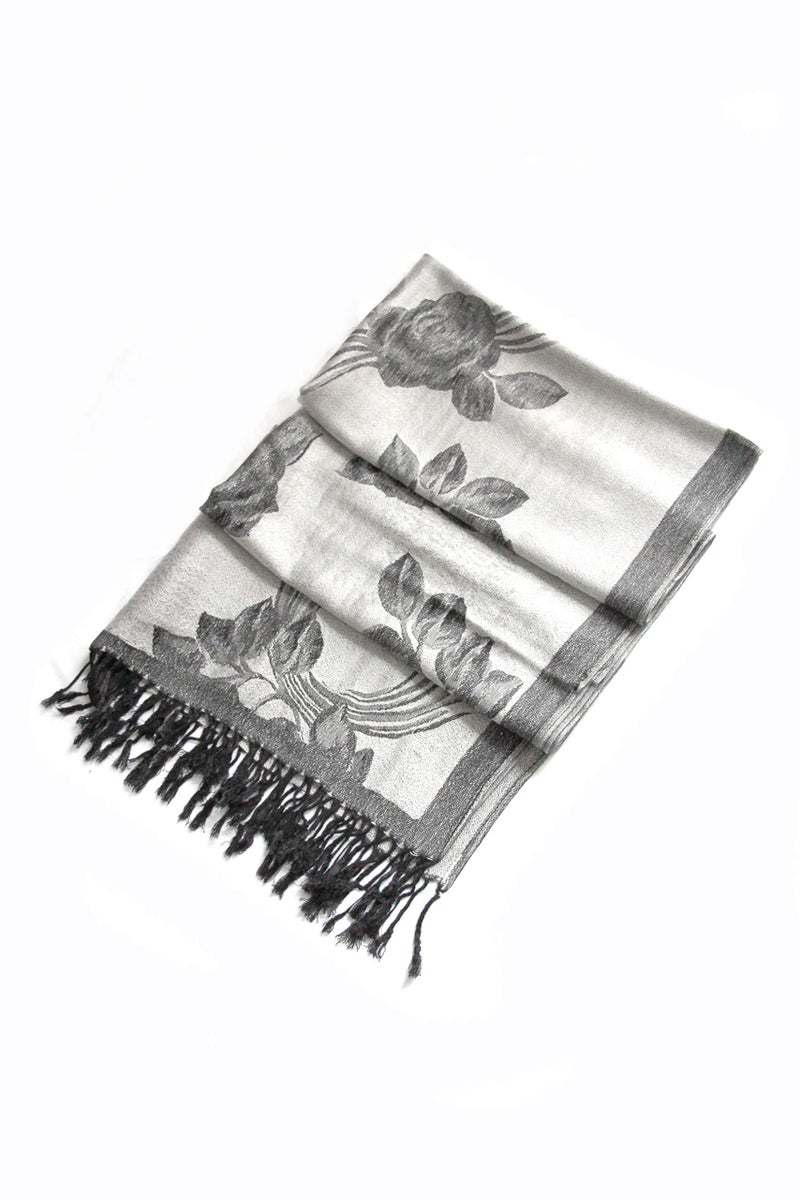 Sakkas Two Tone Floral Rose Reversible Pashmina Scarf Shawl Wrap Stole for Women - White/Black - Image 3