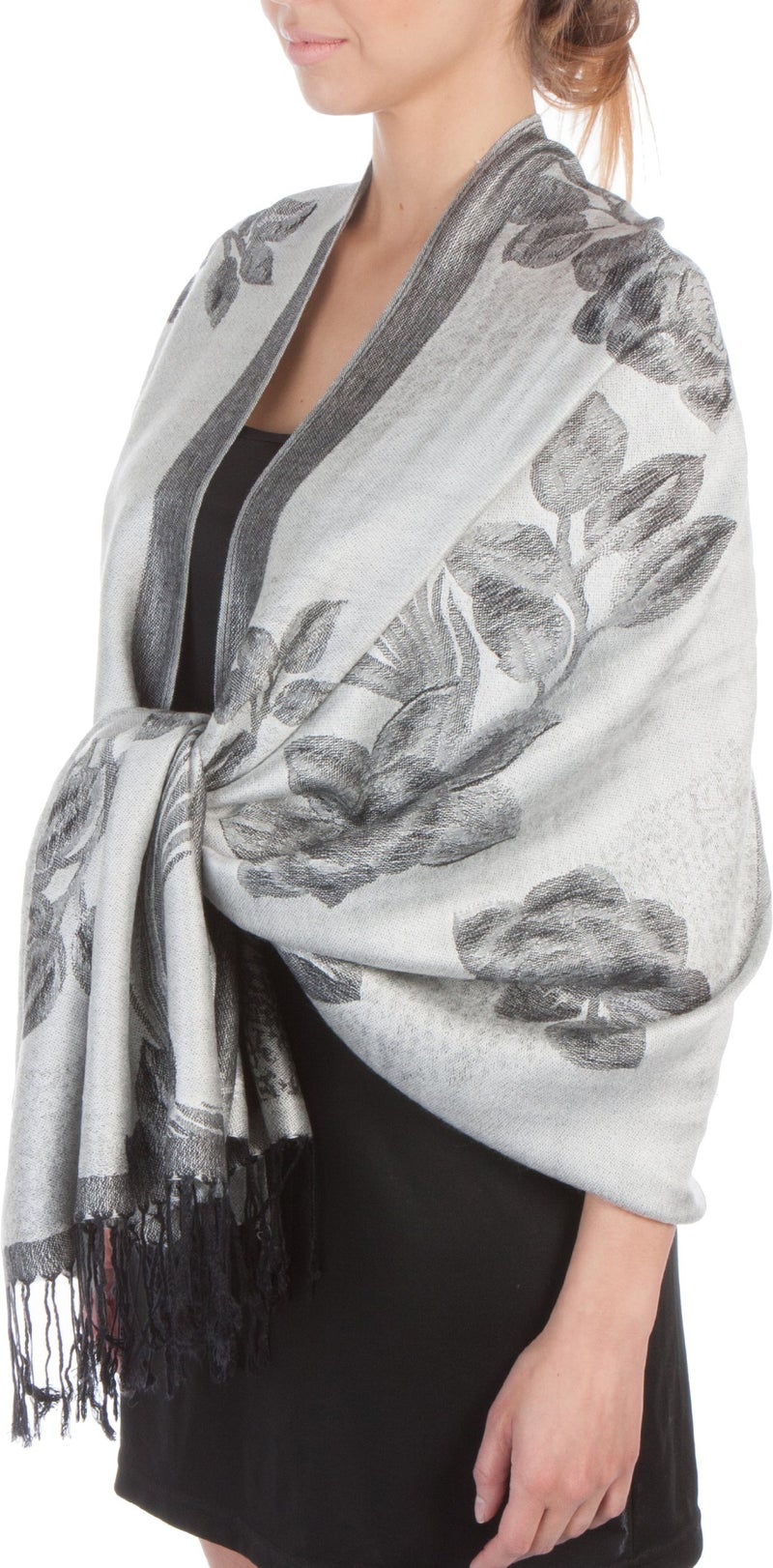 Sakkas Two Tone Floral Rose Reversible Pashmina Scarf Shawl Wrap Stole for Women - White/Black - Image 1