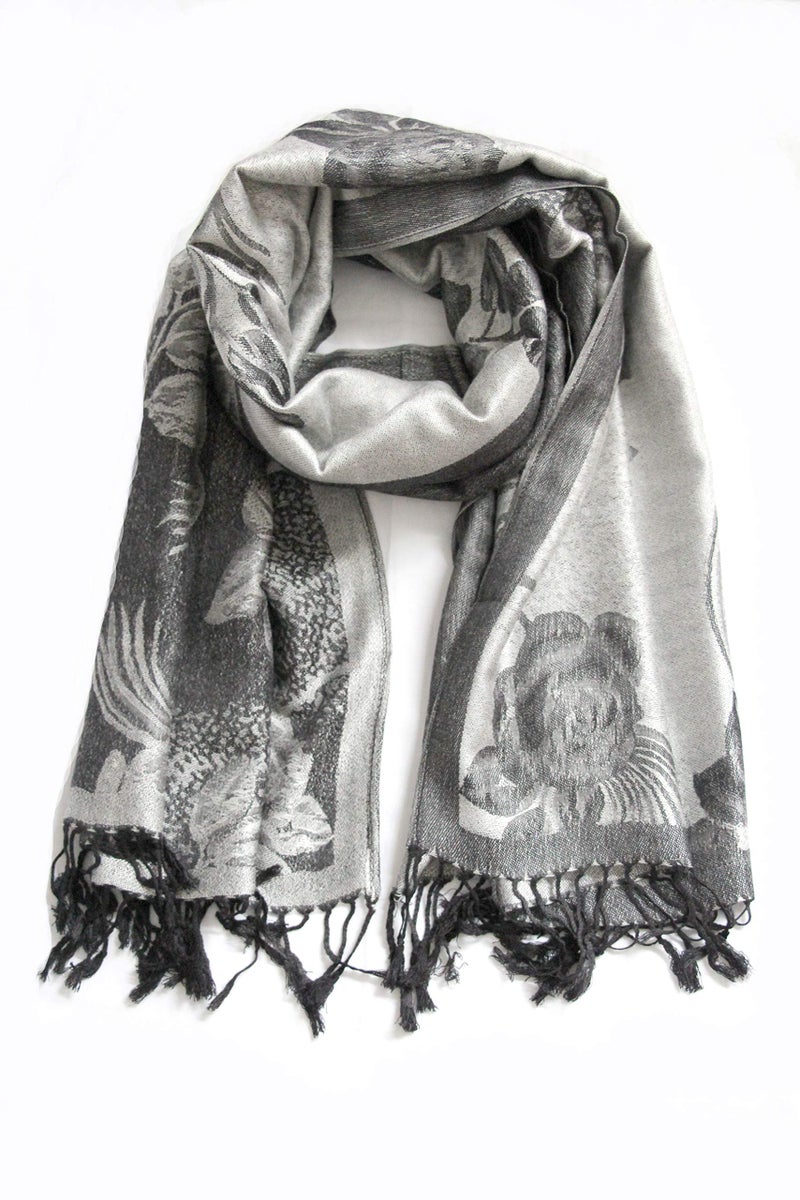 Sakkas Two Tone Floral Rose Reversible Pashmina Scarf Shawl Wrap Stole for Women - White/Black - Image 2