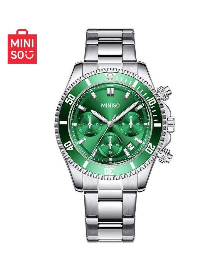 MINISO Waterproof Stainless Steel Wristwatch – Chronograph Analog , 30M Water Resistant, Green Dial, Men’s Fashion Watch - Image 1