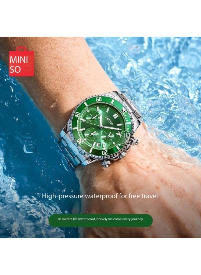 MINISO Waterproof Stainless Steel Wristwatch – Chronograph Analog , 30M Water Resistant, Green Dial, Men’s Fashion Watch - Image 3