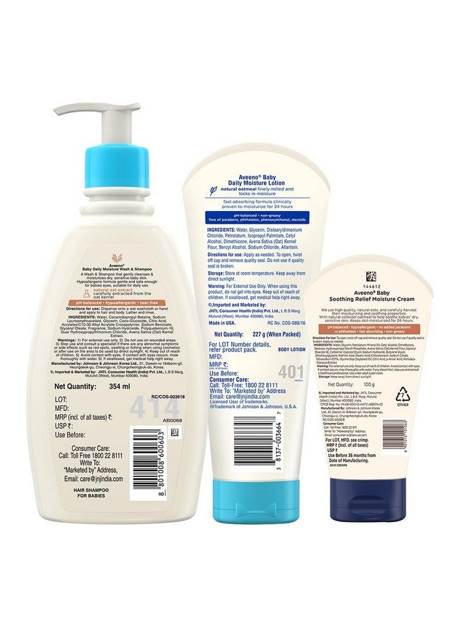 Aveeno Combo Pack: Aveeno Baby Daily Moisturizing Wash & Shampoo (354ml) + Daily Moisture Lotion (227g) + Soothing Relief Moisture Cream 100g | With natural oat extract | Hypoallergenic, pediatrician recommended | pH balanced formulation with no added parabens and pthalates - Image 2