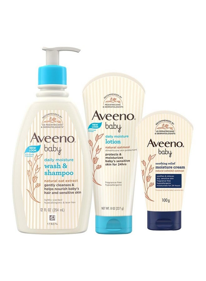 Aveeno Combo Pack: Aveeno Baby Daily Moisturizing Wash & Shampoo (354ml) + Daily Moisture Lotion (227g) + Soothing Relief Moisture Cream 100g | With natural oat extract | Hypoallergenic, pediatrician recommended | pH balanced formulation with no added parabens and pthalates - Image 1