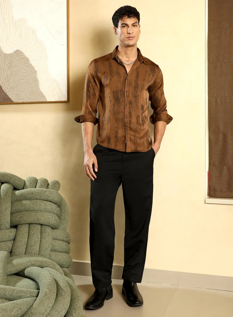 Campus Sutra Men's Chocolate Brown Gleaming-Grazed Satin Shirt