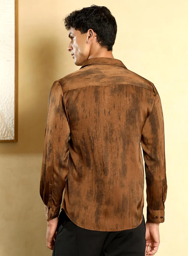Campus Sutra Men's Chocolate Brown Gleaming-Grazed Satin Shirt