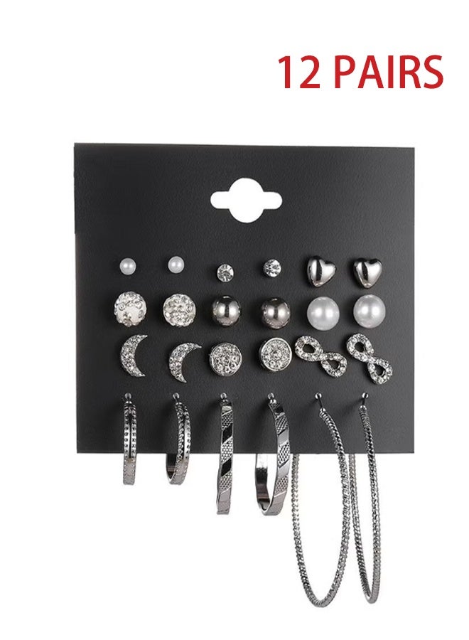 YJ 12 Pairs Hypoallergenic Fashion Stud Earrings Set for Women ,Large Ear Ring&Moon Ear Piercing, Multi-StylesEarring Jewelry Silver - Image 1