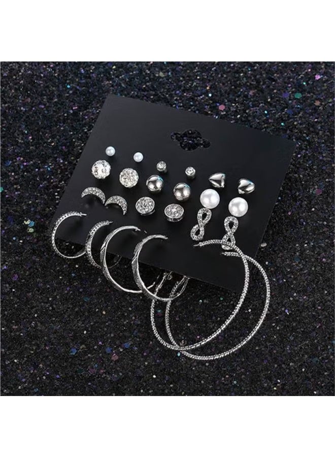 YJ 12 Pairs Hypoallergenic Fashion Stud Earrings Set for Women ,Large Ear Ring&Moon Ear Piercing, Multi-StylesEarring Jewelry Silver - Image 5