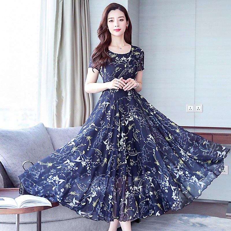 2022 Middle-Aged Women'S Clothing Ice Silk Printed Dress Elegant Slimming Floral Age-Reducing Short-Sleeved Dress - Image 4