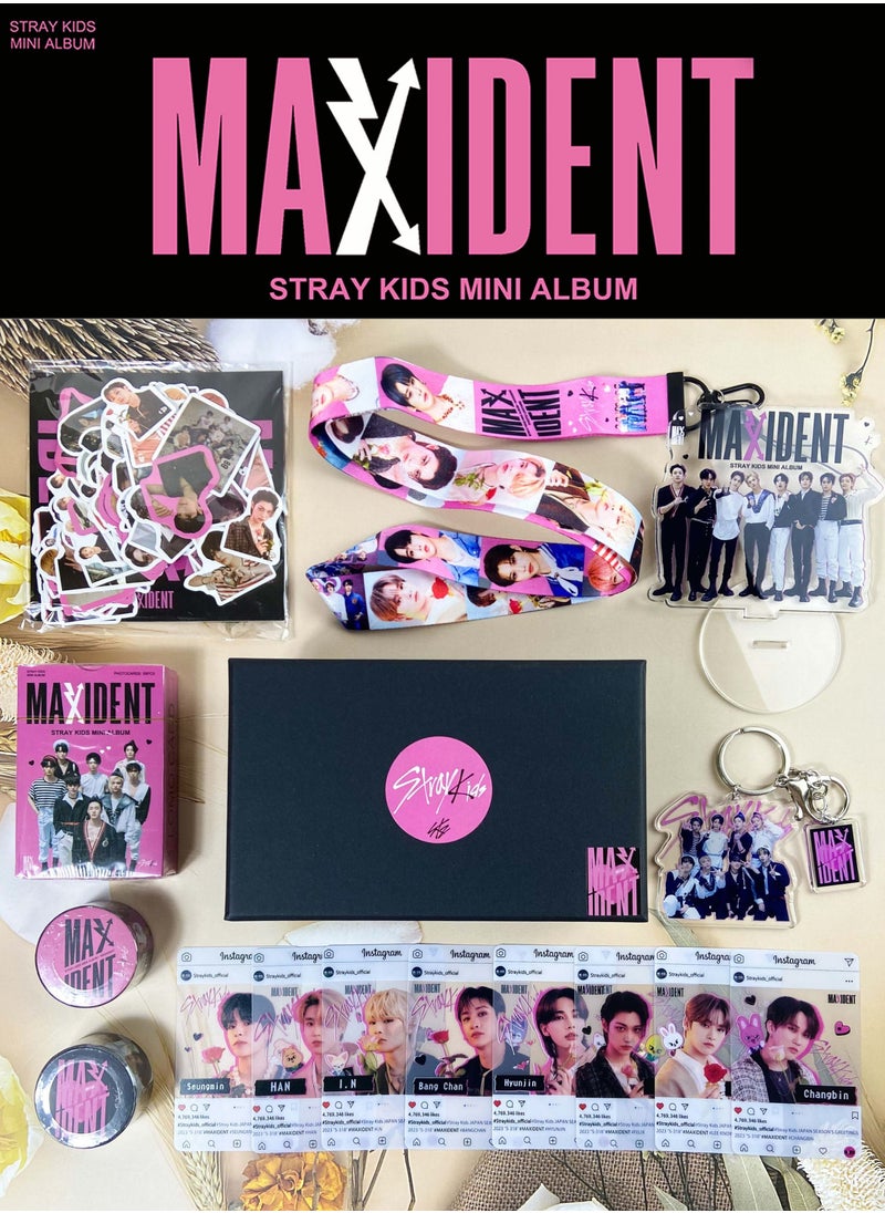 EHOME Straykids Maxident Big Gift Box With 55-Pcs Lomo Cards,95-Pcs Stickers,Photo Card*8,Hand Account Tape*2,Acrylic Stand,Keychain,Lanyard  - Image 1