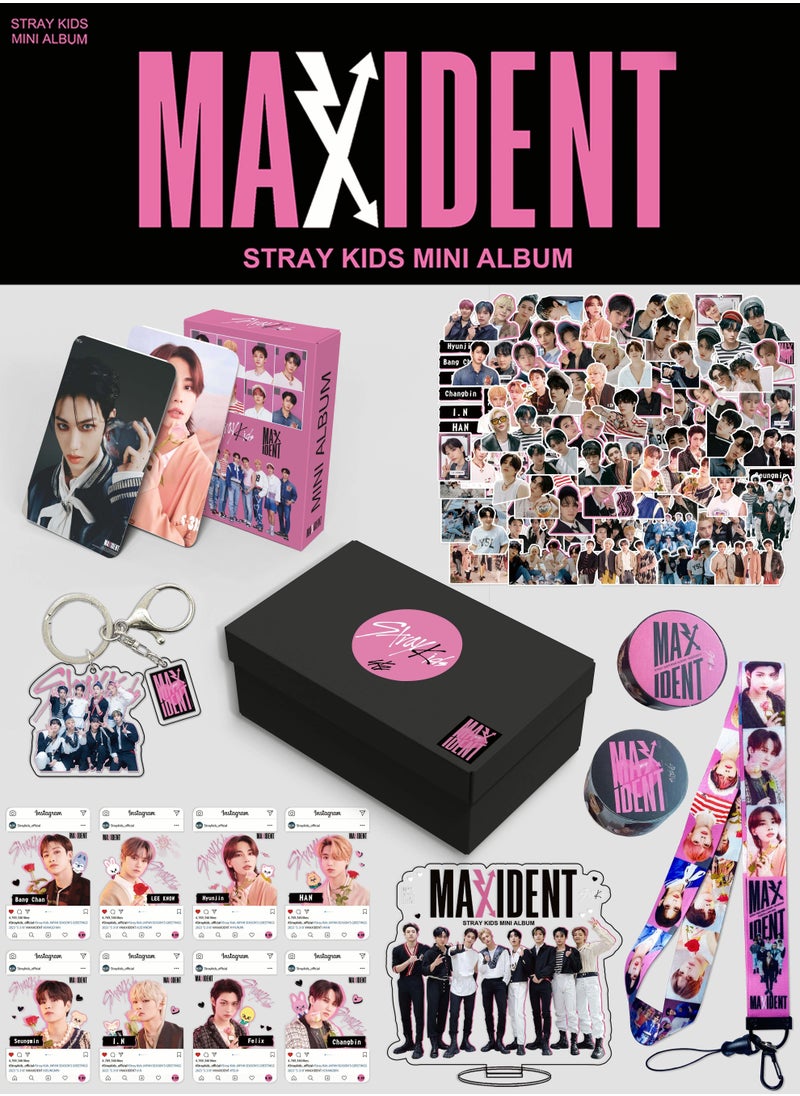 EHOME Straykids Maxident Big Gift Box With 55-Pcs Lomo Cards,95-Pcs Stickers,Photo Card*8,Hand Account Tape*2,Acrylic Stand,Keychain,Lanyard  - Image 3