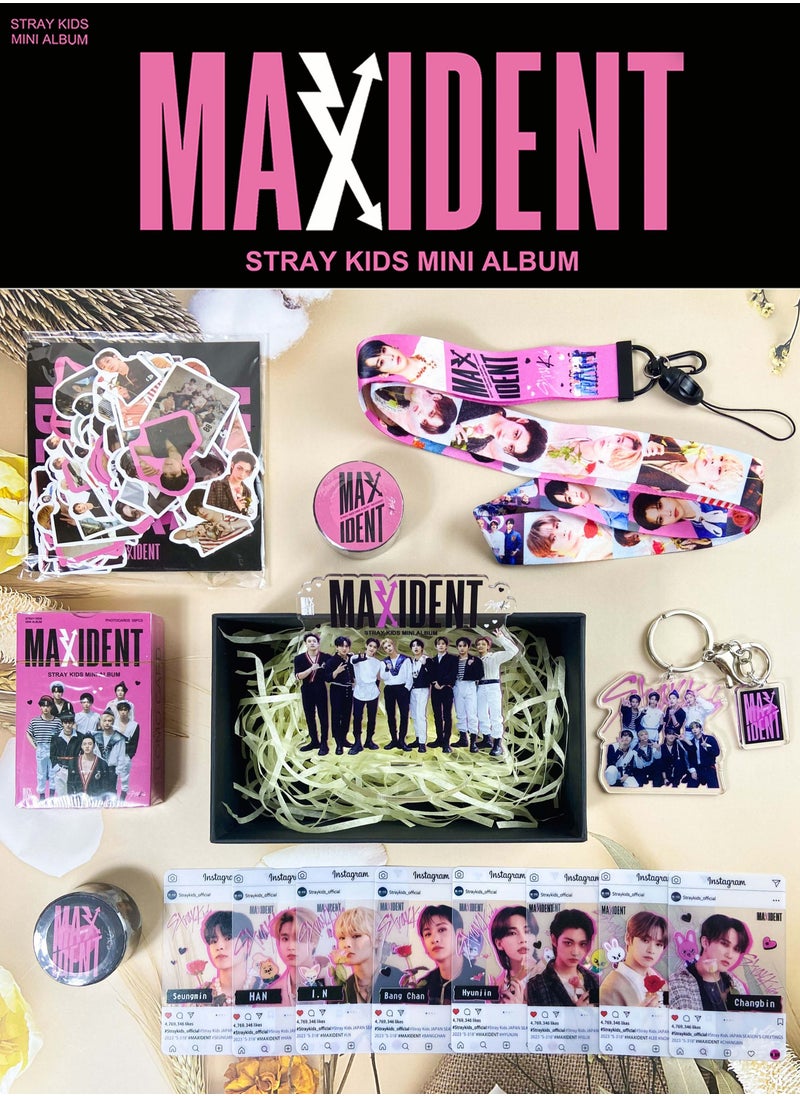 EHOME Straykids Maxident Big Gift Box With 55-Pcs Lomo Cards,95-Pcs Stickers,Photo Card*8,Hand Account Tape*2,Acrylic Stand,Keychain,Lanyard  - Image 2