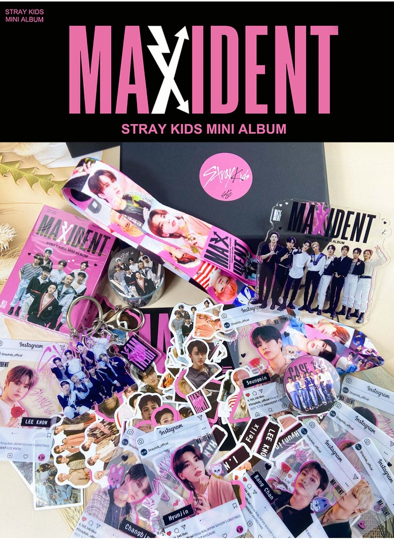 EHOME Straykids Maxident Big Gift Box With 55-Pcs Lomo Cards,95-Pcs Stickers,Photo Card*8,Hand Account Tape*2,Acrylic Stand,Keychain,Lanyard  - Image 4